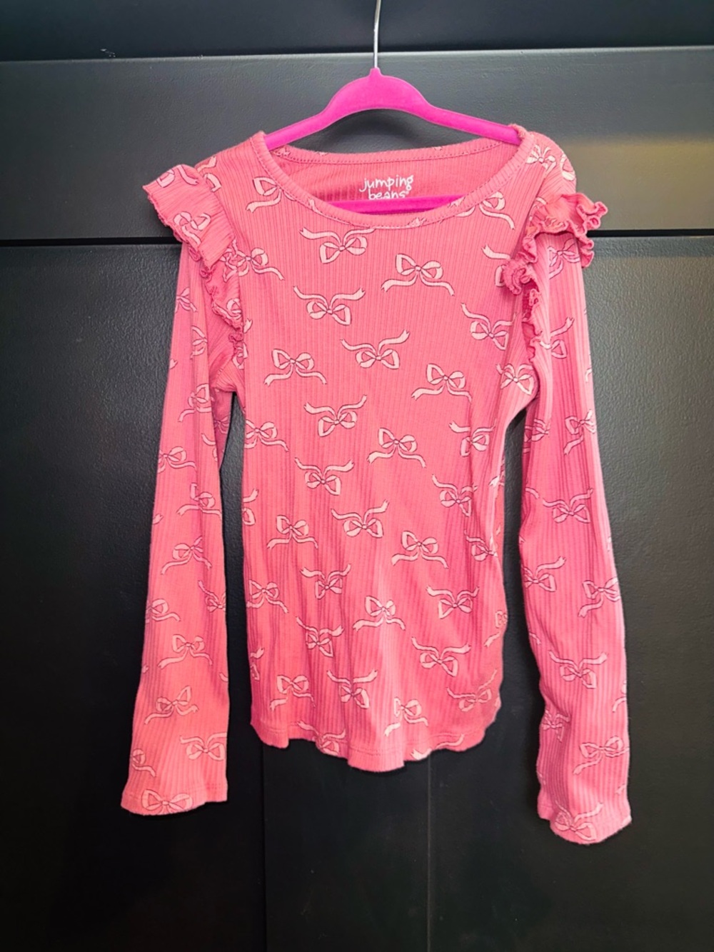 Jumping Beans Girls Pink Ruffle-Shoulder Bow Print Long-Sleeve Top for Kids